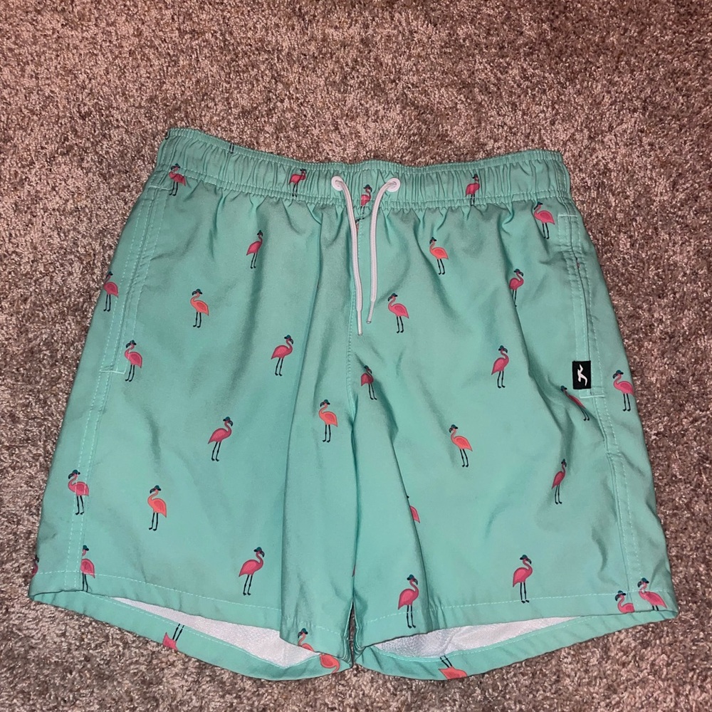 MENS BLUE HOLSTER SWIM SUIT WITH PINK FLAMINGOS - SIZE X SMALL